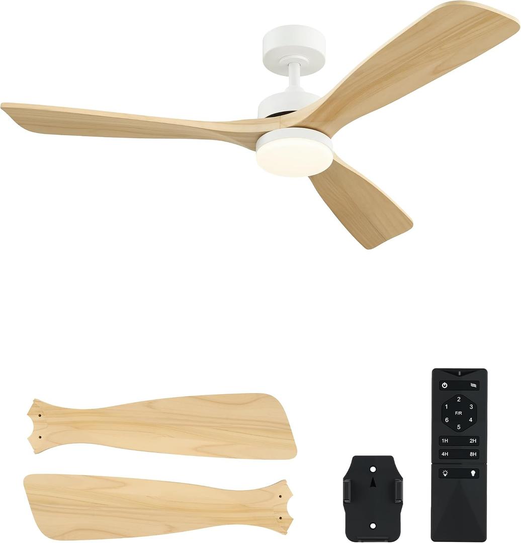 VONLUCE Ceiling Fans with Lights, 52 Inch Ceiling Fan and Remote, 6 Speed Reversible Noiseless DC Motor, 3CCT, Wood Ceiling Fan for Outdoor Indoor Farmhouse Patios, White