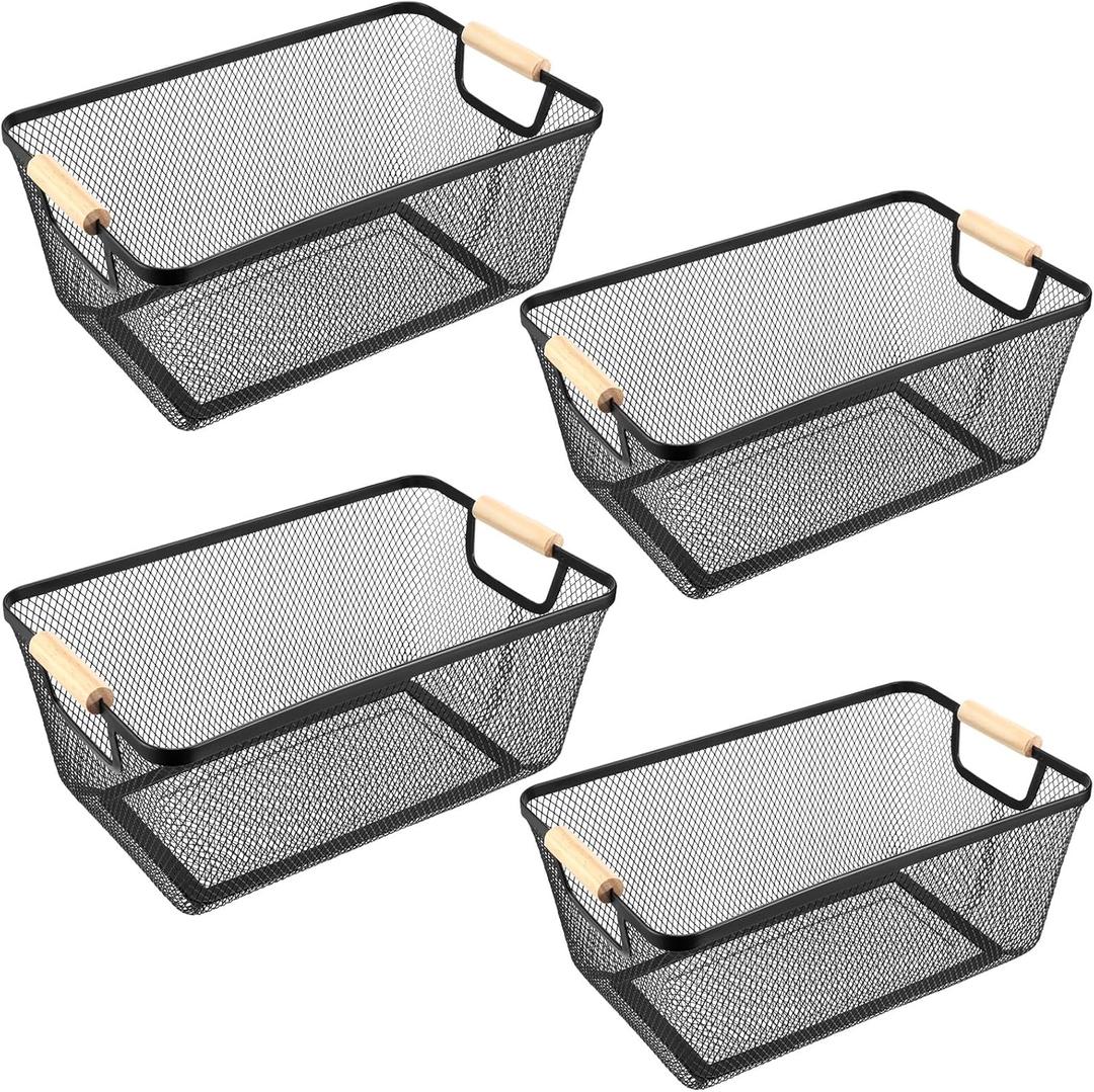 4 Pcs Metal Wire Basket with Wooden Handles Mesh Steel Storage Organizer Bin Containers for Home Organizing Cabinet Pantry Closet Kitchen Fridge Fruit Makeup Snacks Gifts(Large,Black)