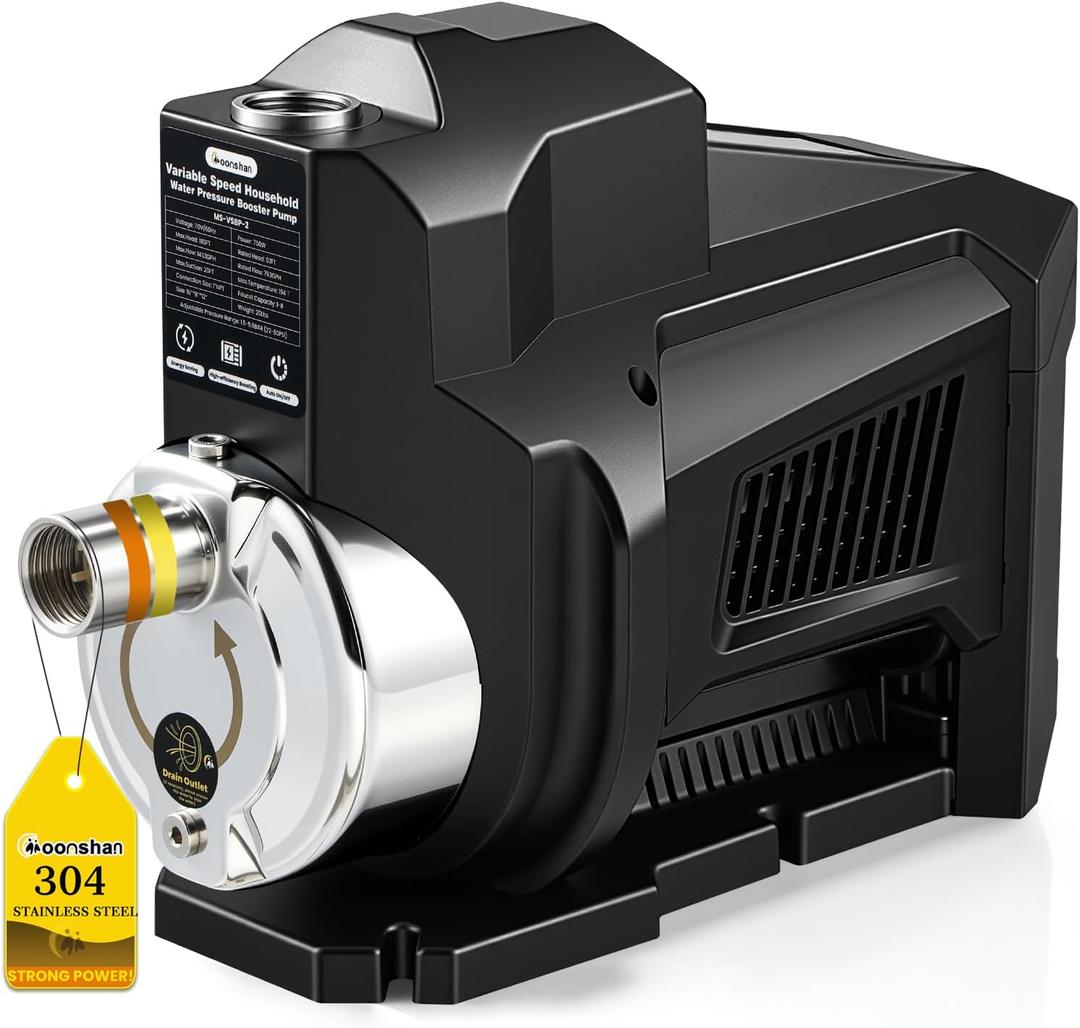 Moonshan 1HP Whole House Water Pressure Booster Pump 80PSI Automatic Variable Speed Booster Pump Pressure Adjustable for Home Apartment Garden Self-priming