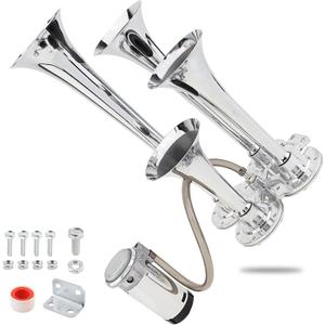Train Horns Kit, 4 Trumpet Air Horn Kit, 12V 185db Super Loud Train Horns for Pickup Trucks, Four Trumpet Air Horn with Compressor for Vehicle Cars Trucks Pickup Trains Lorrys Boats