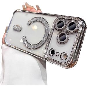 for iPhone 17 Pro Max Case Magnetic, [Compatible with MagSafe] Women Cute Clear Glitter Bling Diamond Rhinestone Sparkly Case Camera Lens Protectors Plating Cover 6.9'' 2025, Silver