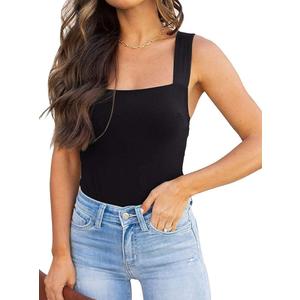 REORIA Womens Sexy Square Neck Sleeveless Tank Tops Bodysuits Clubwear Black, M