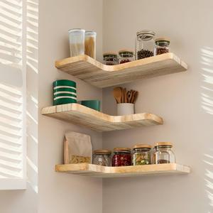 jubilander Floating Corner Shelves Set of 3, Solid Wood Picture Wall Shelf, Floating Shelves for Storage for Bedroom Kitchen Bathroom Living Room (Light Burnt)