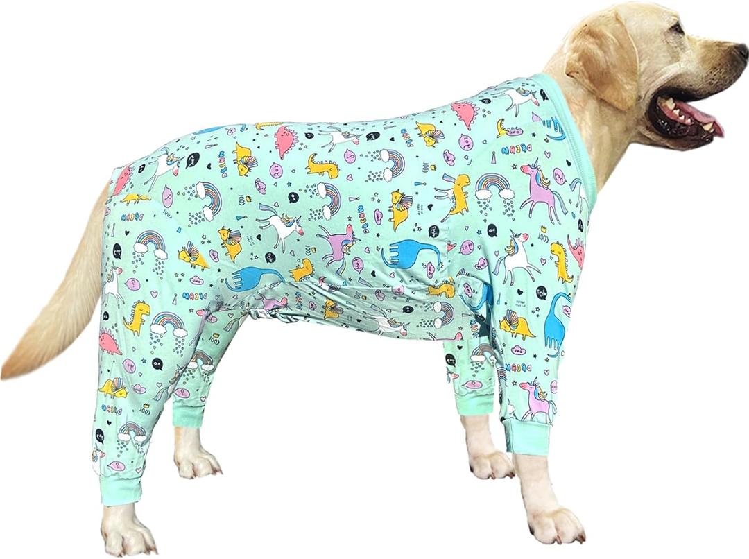 Dogs Cotton Pajamas with Dinosaur Pattern, Rainbow, Unicorn Onesie Jumpsuit for Large Dogs Full Coverage Sleeper Pets Shirts pjs(3XL,Blue Dinosaur)