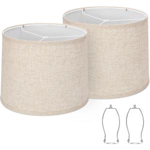 Lampshades Set of 2, Drum Lampshades 11.6" Top x 12.6" Bottom x 9.8" High, Seaside village Medium Lampshades (Spider Fitter), Beige Lampshades Natural Linen Hand Crafted, Easy Assembly Required