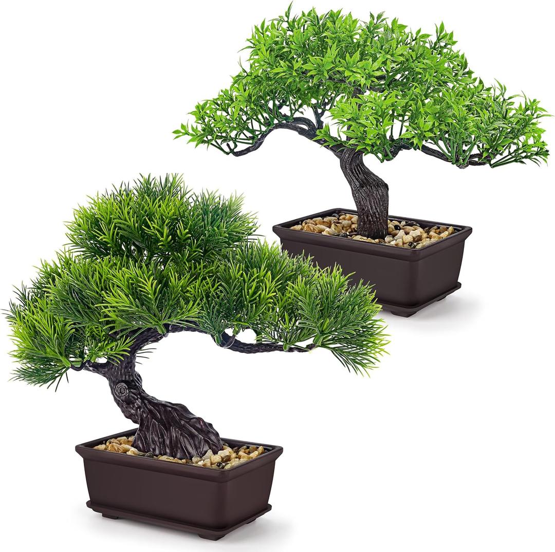 Der Rose 2Pcs Small Fake Plants Artificial Bonsai Tree Set Ficus and Cedar for Office Desk Shelf Room Home Zen Decor Indoor (Green)