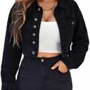 EMMIOL Women's Cropped Denim Jacket Lapel Long Sleeve Button Front (Black)
