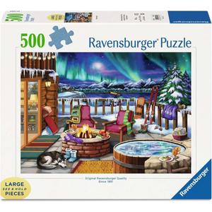 Ravensburger - Northern Lights - 500 Piece Large Format Jigsaw Puzzle - Stunning, Bold, Vivid Image of The Phenomenon - Warm Fireside Cabin - Premium Quality - Puzzles for Adults