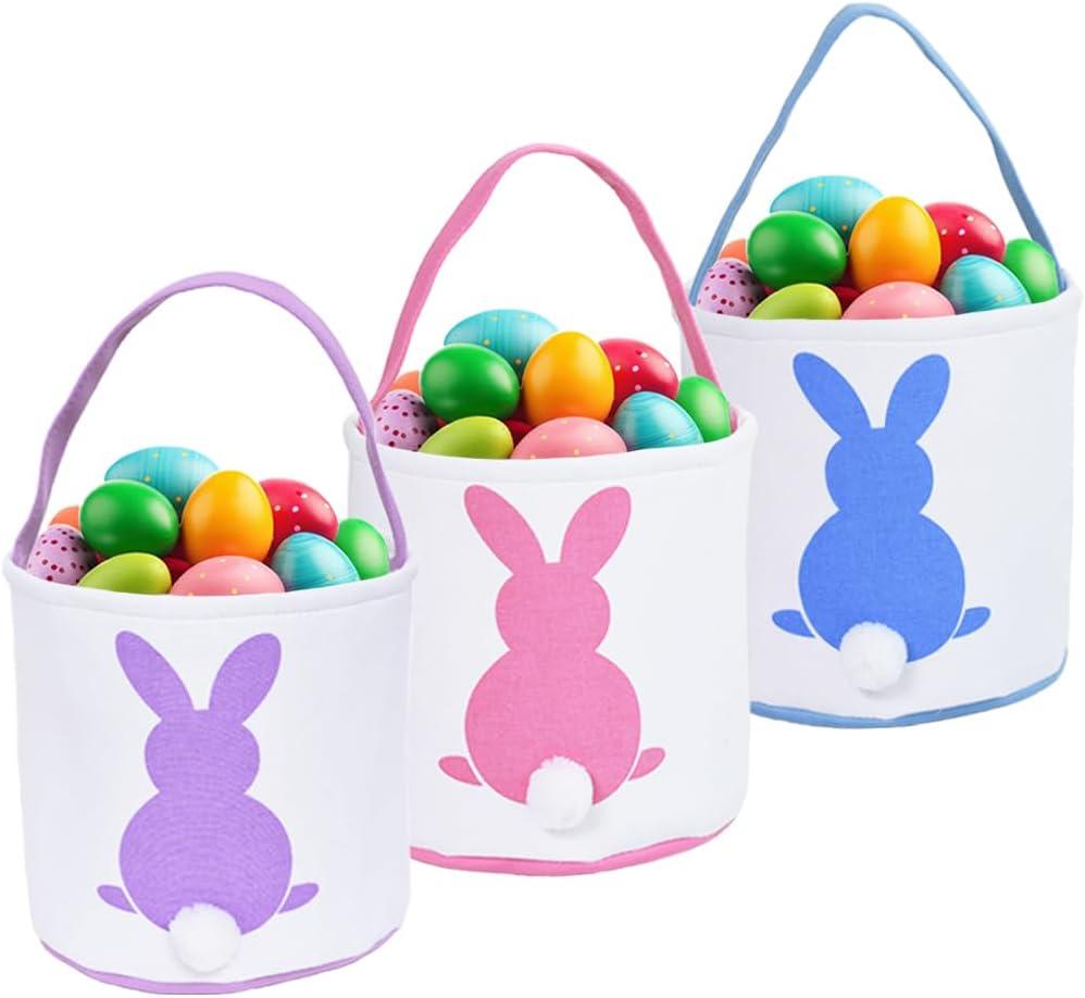 HSgoAek 3 PCS Easter Bunny Basket Bags for Kids - Canvas Cotton Carrying Gift and Eggs Hunt Bag, Easter Gift Basket with Tails Printed Rabbit (Purple, Blue, Pink)