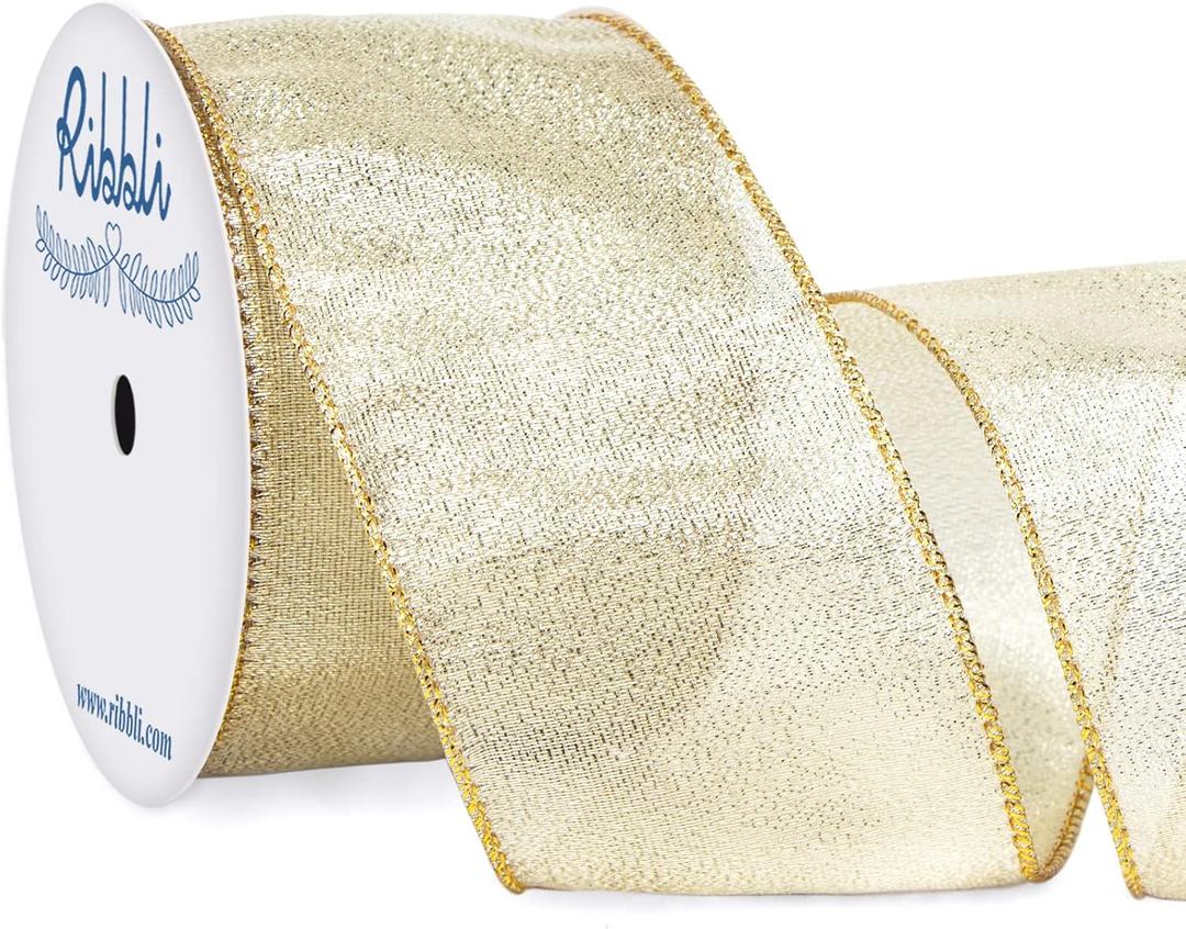 Ribbli Metallic Champagne Gold Wired Ribbon,2-1/2 Inch x Continuous 10 Yard, Deluxe Champagne Glitter, Christmas Ribbon for Crafts,Wreaths,Big Bow,Gift Wrapping, Christmas Tree Decoration