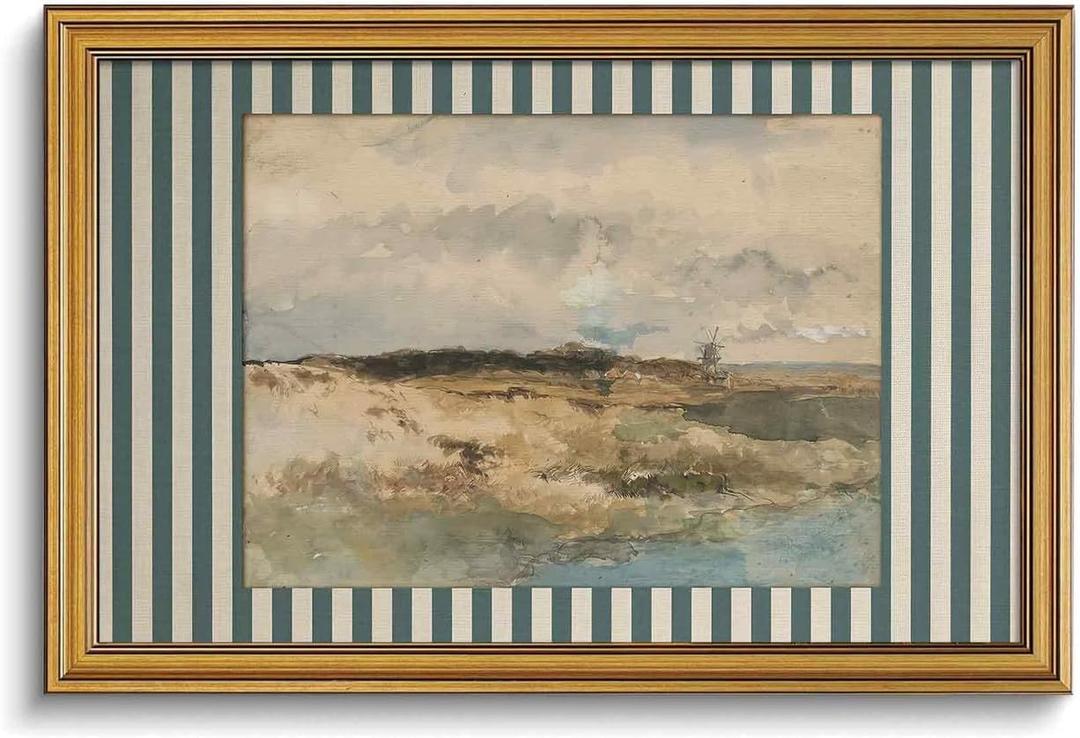 Coastal Landscape Wall Art Striped Lake Wall Decor Gold Framed 16x24 In