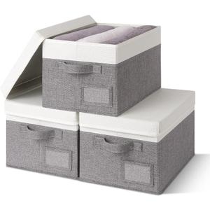 GRANNY SAYS Storage Bins with Lids, Collapsibe Clothes Organizers and Storage, Storage Baskets for Shelves, Decorative Storage Boxes with Lids, 3-Pack, Gray&Ivory