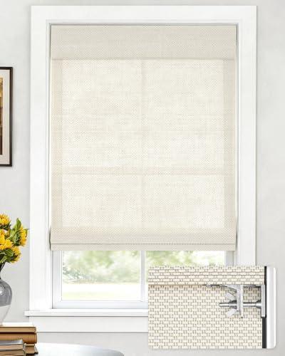 LazBlinds No Drill Cordless Bamboo Roman Shades, Light Filtering Blinds for Indoor Windows, Roll Up Bamboo Blinds for Home, 29" W x 64" H, Star-Off White