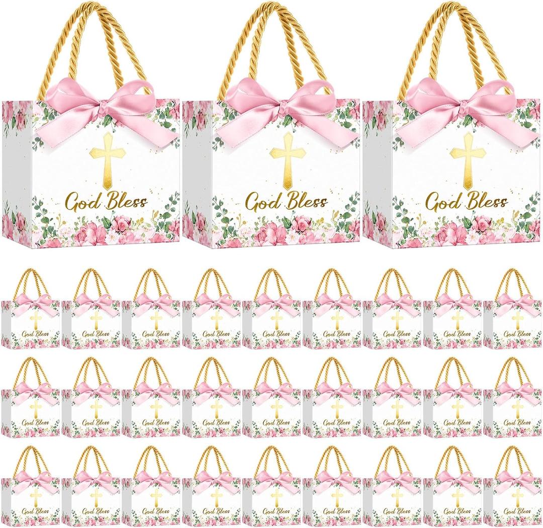 Moinchore 30 Pcs First Holy Communion Treat Bags Bulk Small God Bless Pink Floral Candy Gift Bags Goodie with Handles Bow Ribbon for Baptism Christenings Religious Weddings Party Favors Supplies, 1 count
