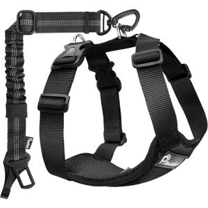 Pawaboo Dog Seat Belt Harness for Car, Dog Car Harness Seatbelt with Double Clips, Adjustable Breathable Pet Vest & Dogs Safety Tether with Elastic Bungee for Small Medium Large Pet, L, Black