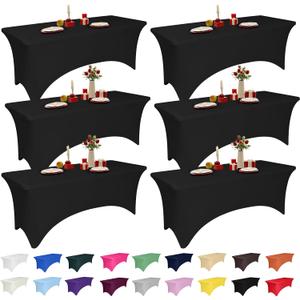 6 Pack 4 Feet Black Spandex Tablecloth for Rectangular Tables, Fitted & Stretch, Washable, Wrinkle Resistant, Perfect for Event, Wedding, Party, Banquet, Cocktail, Festival, and Table Protector