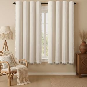 Boho Blackout Curtains 63 Inches Long Beige Linen Blend 2 Panels with Tassels and Cotton Embroidery, Farmhouse Vintage Rustic Rod Pocket Drapes for Living Room or Bedroom