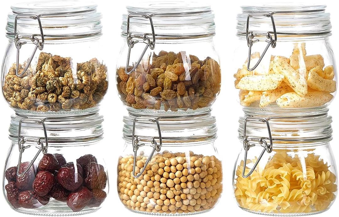 ODBCYWM 17oz Glass Food Storage Jars with Airtight Lids, Set of 6 Clear Preserving Seal Wire Clip Fastening Canisters for Kitchen Canning, Flour, Cereal, Pasta, Sugar, Beans, Pickling Jars 