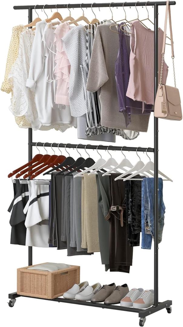 Double Rod Clothing Garment Rack, Rolling Clothes Organizer on Wheels for Hanging Clothes, Easy to Assemble, Adjustable, Black