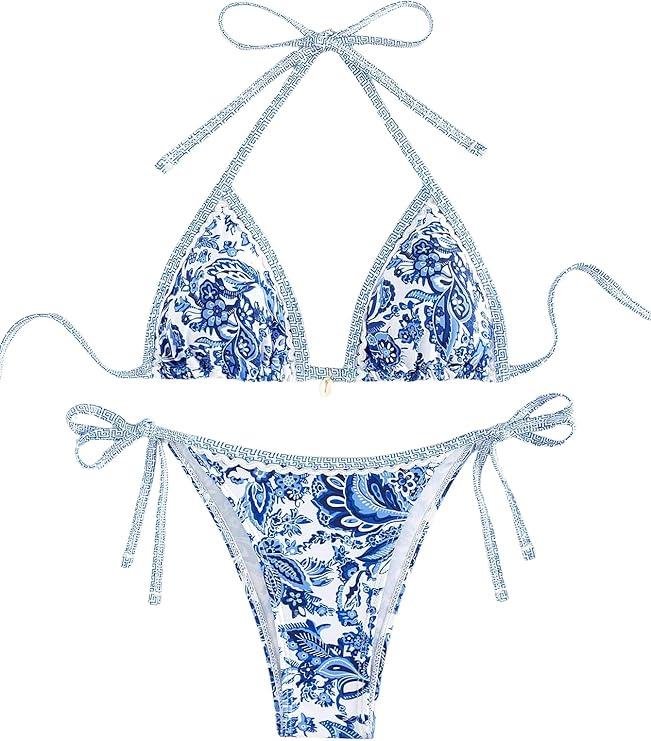 Women's Summer Beach Floral Printed Halter Neck Bikini Set Carnival, Blue XS