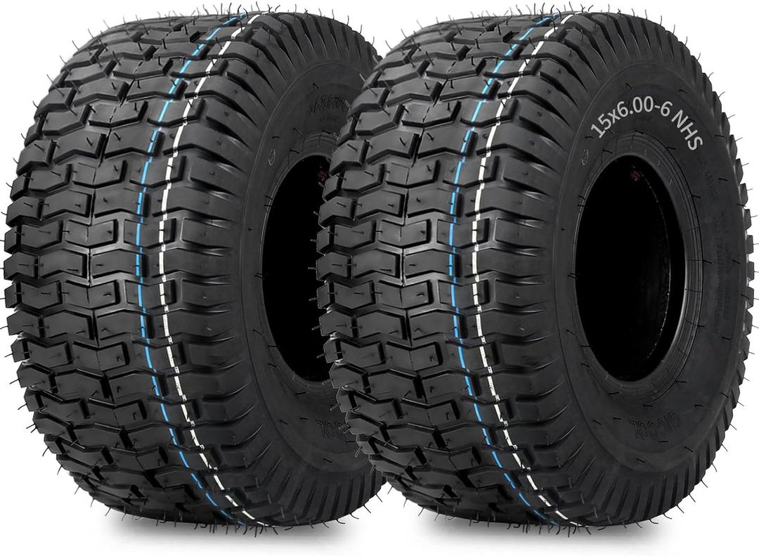 GICOOL 15x6.00-6 Lawn Mower Tubeless Tire, 15x6-6 for Tractor Riding Lawn Mowers Front Tire, 2 Pcs, 4 Ply, Turf-V Pattern