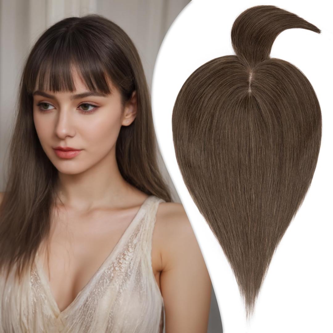 Human Hair Toppers for Women, 150% Density Hair Topper with Bang, No Tangle & Smooth, Upgrade 7x13cm Silk Base, 10 Inch #02 Dark Brown
