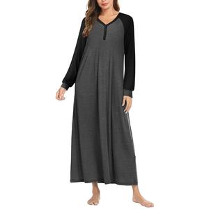 Ekouaer Sleepshirts for Women Long Sleeve Sleepwear V Neck Loungewear Button Full Length Nighty A-dark Grey, M