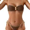 B2prity Women's Color Block Bikini Set Two Piece Tie Swimsuit Cheeky High Cut Bathing Suit for Summer Beach Pool (Medium, Brown White)