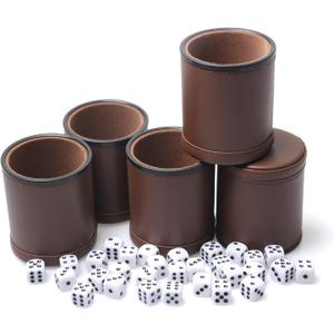 5 Pack PU Leather Dice Cups Velvet Felt-Lined Shaker Cups with 25 Dot Dice for Bar Party Yahtzee Farkle Dice Games, Brown
