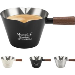 Mongdio Espresso Measuring Cup, Stainless Steel Espresso Shot Cups with Wooden Handle and Double Spouts, 6.8OZ/200ML, Black