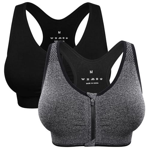 Women's Zip Front Sports Bra - Wireless, Padded, Post-Surgery, Racerback, Workout & Yoga Bra Top 2 Pack L