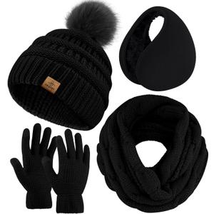 URATOT Winter Warm Sets Knitted Scarf Beanie Pompom Hat Touch Screen Gloves and Winter Ear Warmer Set for Men or Women (Black)