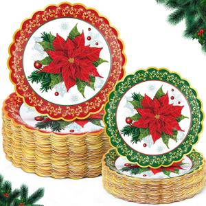 Havawish 100 Pcs Christmas Paper Plates Set, 7 in 9 in Red and Green Poinsettia Flower Disposable Scalloped Paper Plates with Gold Foil for Xmas Party Dinnerware Supplies