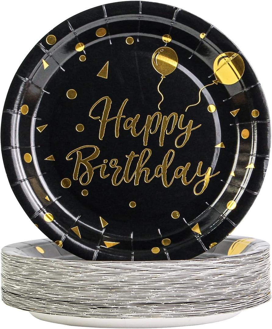 4 x 50Pcs Happy Birthday Black and Gold Paper Plates,7inch Disposable Metallic Foil Polka Dots Disposable Dessert Party Supplies Plates for Graduation Birthday Decorations Party