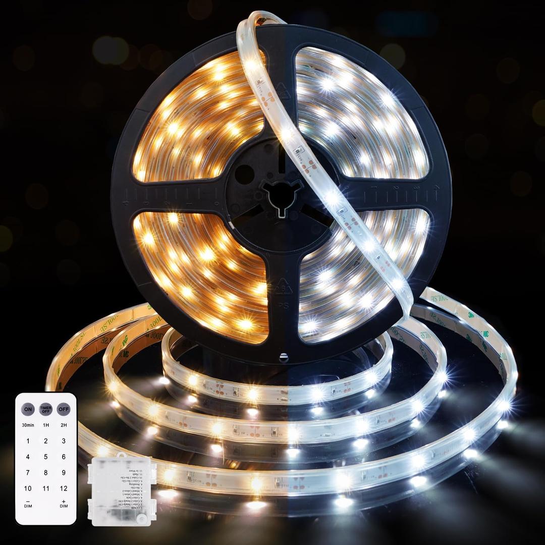 OMIKA 16.5ft 150LEDs Outdoor Battery Powered LED Strip Lights, 2700K-6000K Dimmable USB & Battery Powered LED Strip Lights with Remote, Timer,Waterproof, Cuttable for Kitchen,Deck,Roof,Garden,Pool