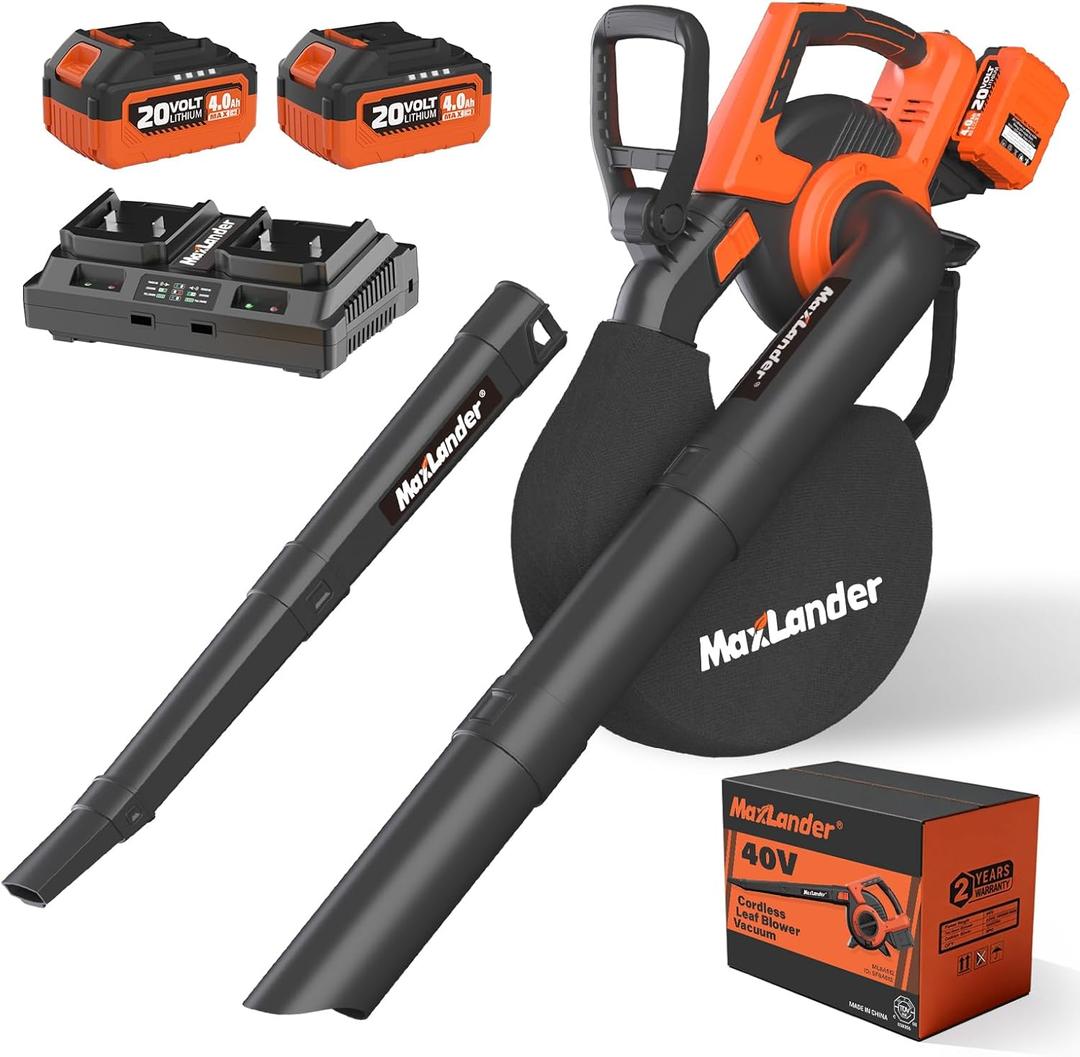 MAXLANDER Cordless Leaf Blower & Vacuum with Bag, 3-in-1 Brushless Battery Powered Leaf Vacuum Mulcher 40V 170MPH 360CFM 5 Speeds Leaf Blowers for Lawn Care 2x4.0Ah Battery & Charger Included