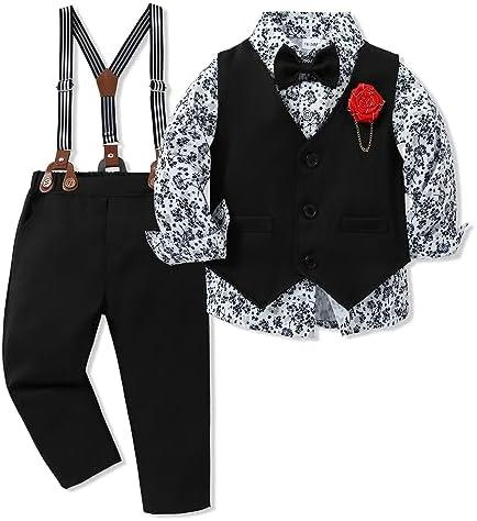 WESIDOM Toddler Boy Clothes Suit Formal Dress Shirt Bowtie Vest Boutonniere Suspender Pants Boys Gentleman Outfits Set. 4-5t