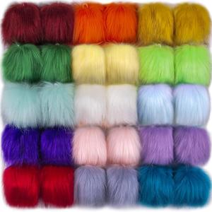 SIQUK 30 Pieces Faux Fur Pom Pom Faux Fox Fur Pom Balls Fluffy Pom Pom with Elastic Loop Poms for Hats Scarves Gloves Bags Accessories (15 Colors, 2 Pcs Per Color) (Rainbow)