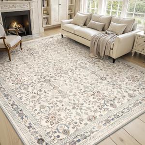 MontVoo-Vintage Area Rug 8X10 Beige for Living Room - Soft Distressed Printed Carpet for Bedroom - Non Slip, Machine Washable for Dining Room, Bedside, Office Beige, 8' x 10' (Rectangular)