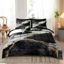 Black Marble Comforter Set - Queen Size, Gold Metallic Marble Pattern, Boho Hippie Style, 3 Pieces (1 Comforter, 2 Pillowcases)