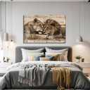 Lion Lioness Canvsa Wall Art Vintage Lion Picture Wall Decor Framed Wood Background Poster Animal Couple Painting Prints Living Room Bedroom Ready to Hang(16.00"x24.00")