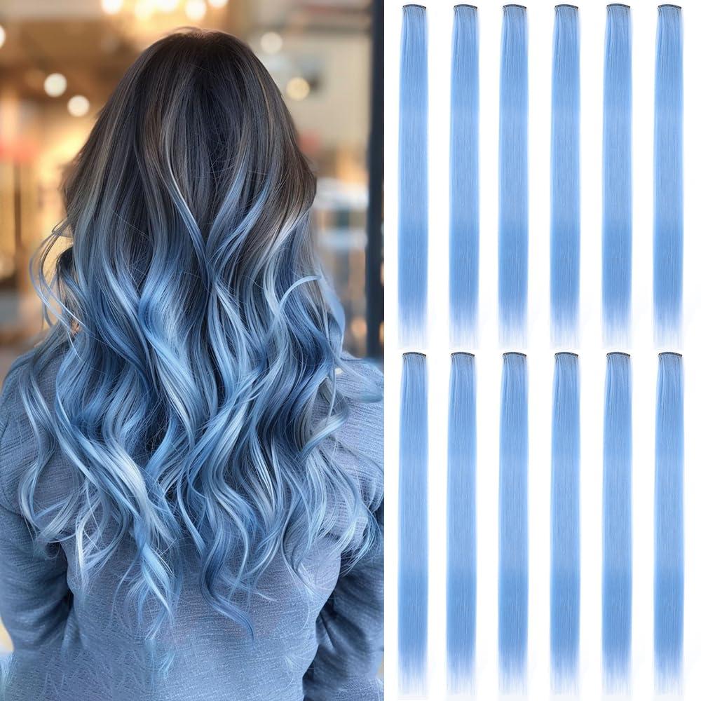12 Pcs Haze Blue hair extensions 22 Inch Straight colored hair colorful clip in extensions Highlight Party for Kids Girls and Women Gift (Haze Blue,39)