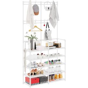 UDEAR 5-Tier Coat and Shoe Rack, Entryway Coat Rack with 9 Hooks, Double Row Shoes Organizer for Living Room, Bedroom, Office,White