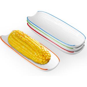 Cinf Colorful Side Ceramic Corn Cob Holders 8.8" Corn Dishes Set of 4, White Dishes Non-slip Bottom Microwave Dishwasher Oven Safe