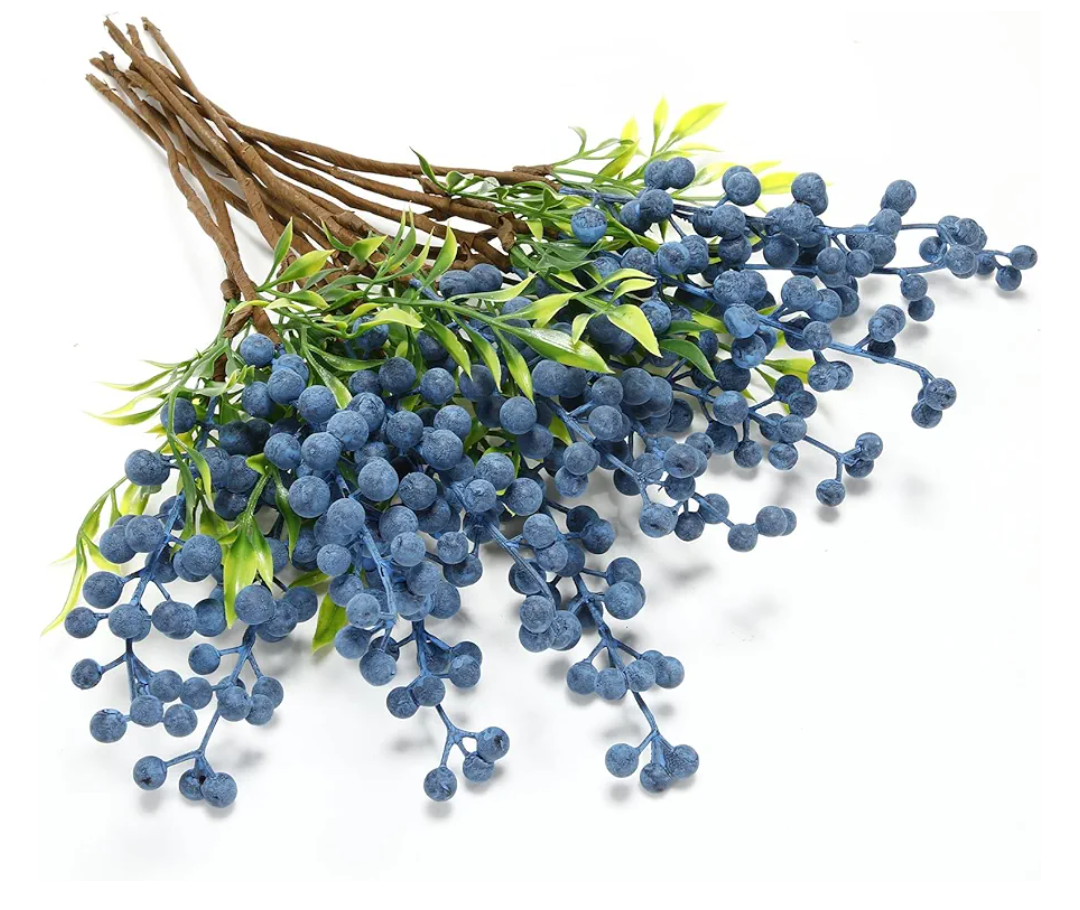 Giegxin 12 Pack Artificial Blue Berry Stems Fake Blueberries Picks, Artificial Flowers Decorative Stickers, Faux Blueberry Accessories for Party Wedding Decoration Home (13.7 Inch)