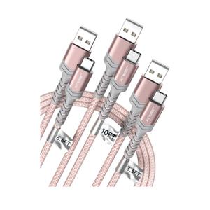 JSAUX USB C Cable Fast Charging, 3-Pack (10ft+6.6ft+3.3ft) USB A to Type C Charge Cord for iPhone 17/17 Pro/17 Pro Max, iPhone 16/16 Pro/16 Pro Max, Samsung Galaxy S24 S22 S20, USB C Charger(Pink)