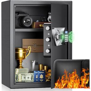 BlackSmith Large Home Safe Box 2.0 Cub Biometric Safe Fingerprint Recogntion Lock Box with Removable Shelf LED Light Fireproof Bag Wall Mount Cabinet Safe for Home Office Hotel, Black