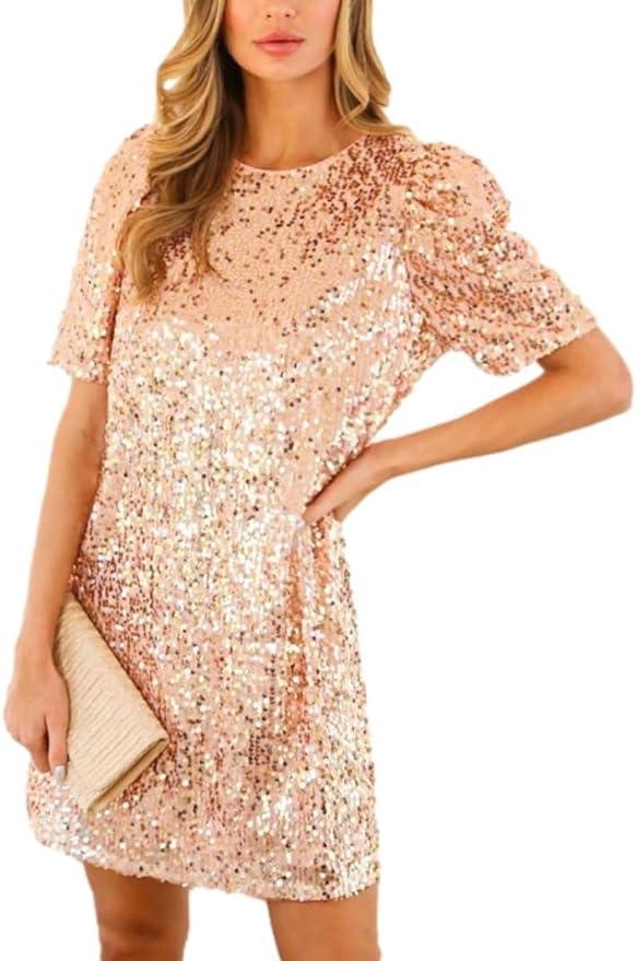 Women's Crewneck Sequin Shift Dress Short Sleeve Casual Holiday Sparkly Party Dress,L