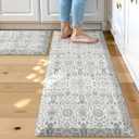 Collive Anti Fatigue Mats for Kitchen Floor, Cushioned Non Skid Kitchens Rug Sets of 2 Waterproof Padded Sink Rugs, Boho Floral Rug Comfort Standing Mat for Home Office, 17.3"x28" + 17.3"x47" (Blue)