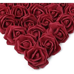 IPOPU Artificial Rose Flower Heads, 100 Pcs Real Looking Burgundy Foam Fake Roses for DIY Wedding Baby Shower Centerpieces Arrangements Party Tables Home Decorations (Wine red, Stemless)